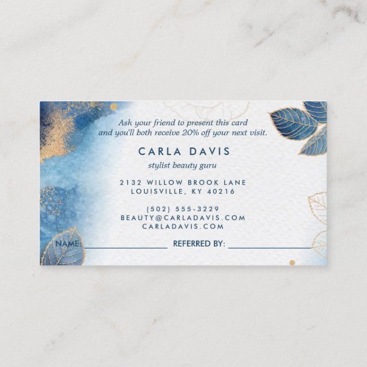 Blauwe goudWaterverf Botanische bladeren Abstract Aanbevelingskaartje (Achterkant)