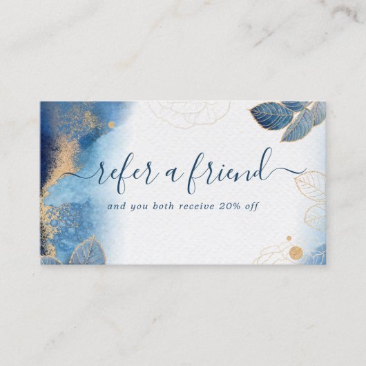 Blauwe goudWaterverf Botanische bladeren Abstract Aanbevelingskaartje (Voorkant)