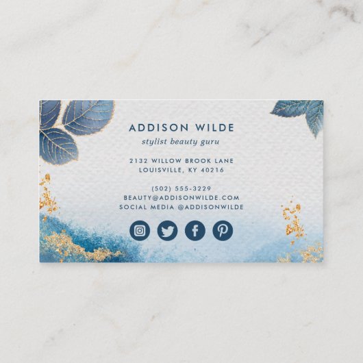 Blauwe goudWaterverf Botanische bladeren Abstract Klantenkaartje (Achterkant)
