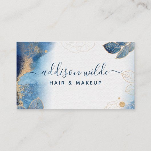 Blauwe goudWaterverf Botanische bladeren Abstract Visitekaartje (Voorkant)