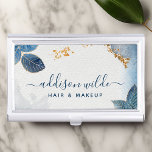 Blauwe goudWaterverf Botanische bladeren Visitekaarthouder<br><div class="desc">Blue Gold Waterverf Botanical laat een visitekaartje achter. Perfect voor een schoonheidssalon,  haarstylist,  make-up kunstenaar of cosmetoloog.</div>