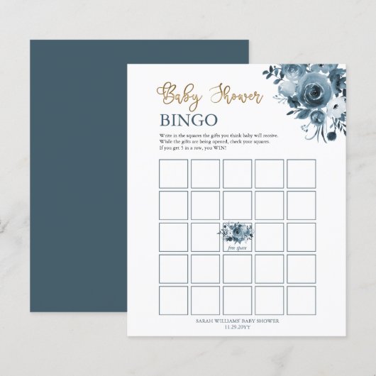 Blauwe goudWaterverf Floral Baby shower Bingo Kaar (Voorkant / Achterkant)