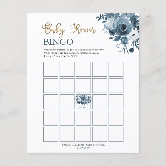 Blauwe goudWaterverf Floral Baby shower Bingo Kaar (Voorkant)