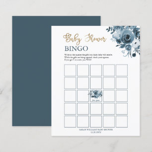Blauwe goudWaterverf Floral Baby shower Bingo Kaar