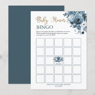 Blauwe goudWaterverf Floral Baby shower Bingo Kaar Kaart