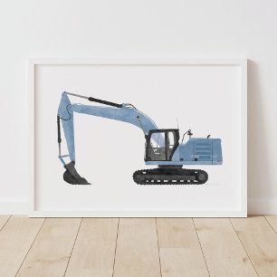 Blauwe graafmachine bouw kinderkamer decor poster