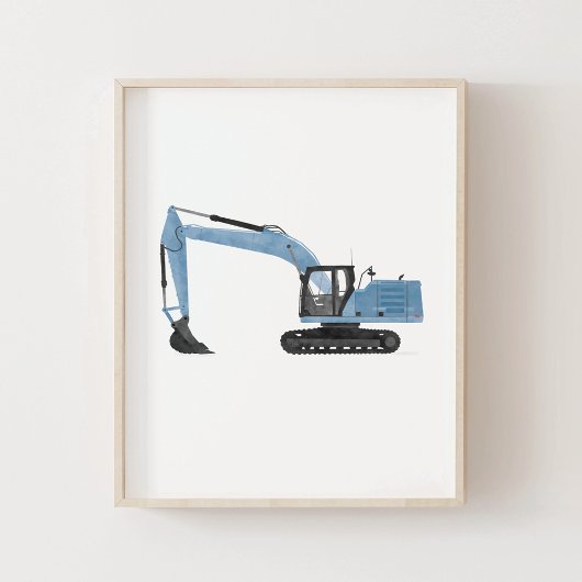 Blauwe graafmachine bouw kinderkamer decor poster