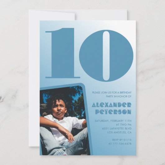 Blauwe gradiënt 10e verjaardag uitnodigingen Boy F (Voorkant)