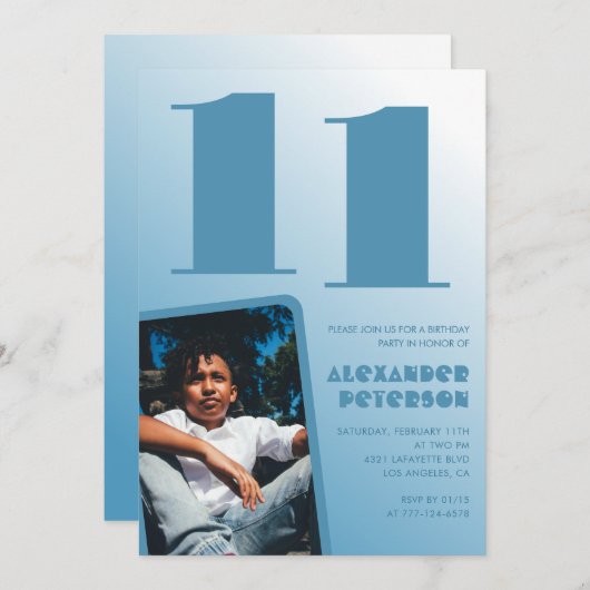 Blauwe gradiënt 11e verjaardag uitnodigingen Boy F (Voorkant / Achterkant)