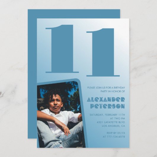 Blauwe gradiënt 11e verjaardag uitnodigingen Boy F (Voorkant / Achterkant)