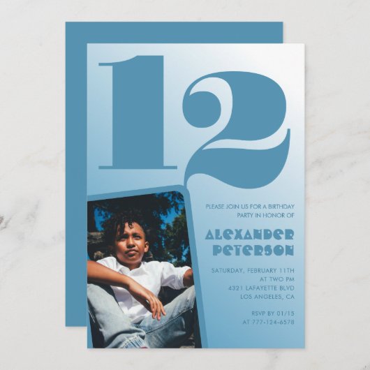 Blauwe gradiënt 12e verjaardag uitnodigingen Boy F (Voorkant / Achterkant)