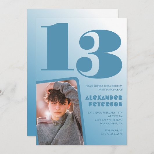 Blauwe gradiënt 13e verjaardag uitnodigingen Boy F (Voorkant / Achterkant)