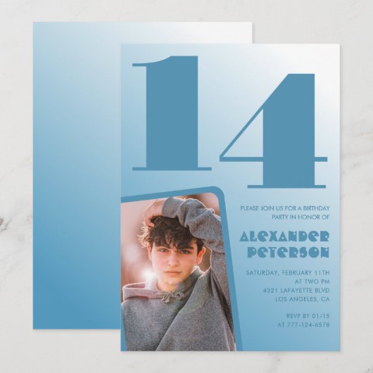 Blauwe gradiënt 14e verjaardag uitnodigingen Boy F (Voorkant / Achterkant)