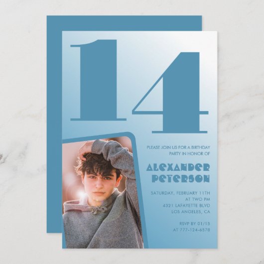 Blauwe gradiënt 14e verjaardag uitnodigingen Boy F (Voorkant / Achterkant)