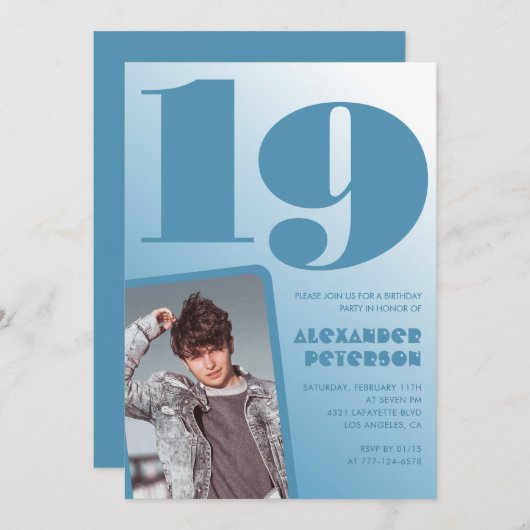 Blauwe gradiënt 19e verjaardag uitnodigingen Boy F (Voorkant / Achterkant)