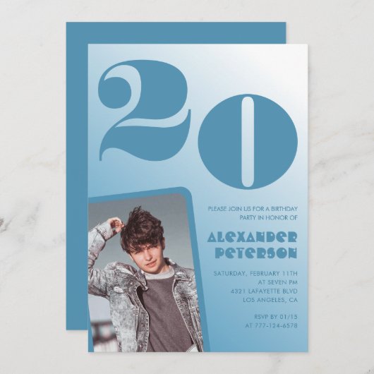 Blauwe gradiënt 20e verjaardag uitnodigingen Hem F (Voorkant / Achterkant)