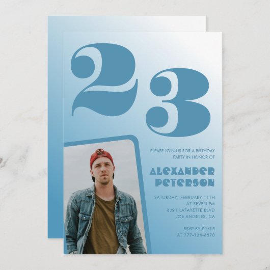 Blauwe gradiënt 23e verjaardag uitnodigingen Boy F (Voorkant / Achterkant)