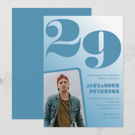 Blauwe gradiënt 29e verjaardag uitnodigingen Boy F (Voorkant / Achterkant)