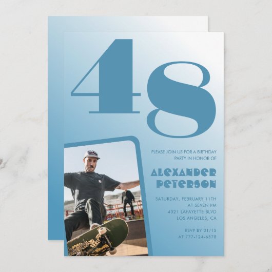 Blauwe gradiënt 48e verjaardag uitnodigingen Manne (Voorkant / Achterkant)