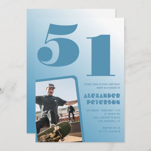 Blauwe gradiënt 51e verjaardag uitnodigingen Manne (Voorkant / Achterkant)
