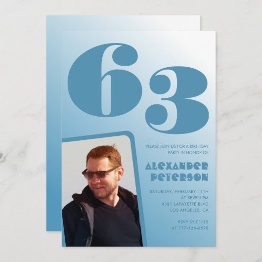 Blauwe gradiënt 63e verjaardag uitnodigingen Manne (Voorkant / Achterkant)