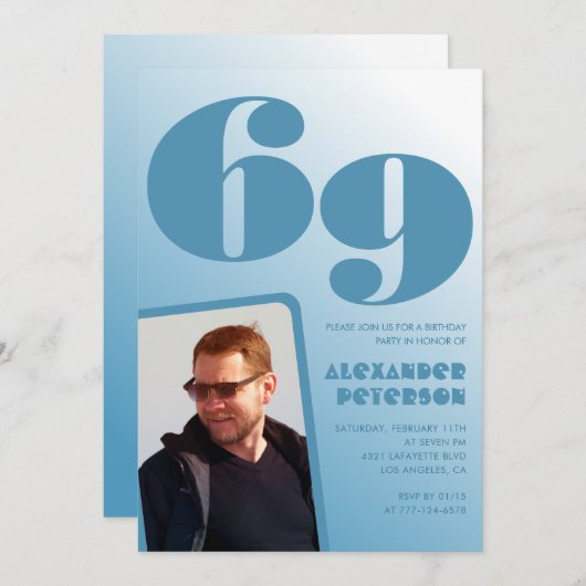 Blauwe gradiënt 69e verjaardag uitnodigingen Manne (Voorkant / Achterkant)