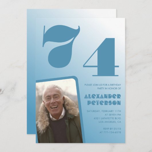 Blauwe gradiënt 74e verjaardag uitnodigingen Manne (Voorkant / Achterkant)