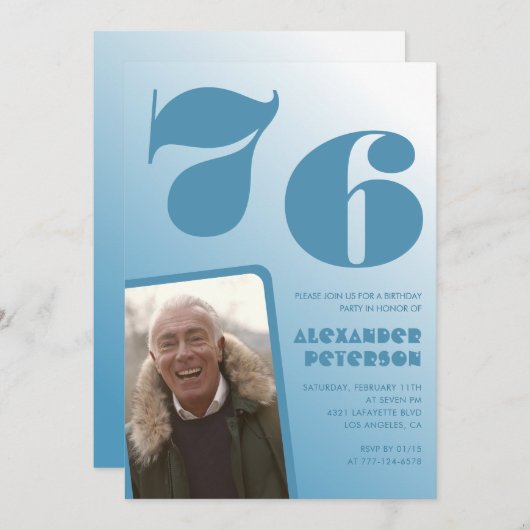Blauwe gradiënt 76e verjaardag uitnodigingen Manne (Voorkant / Achterkant)