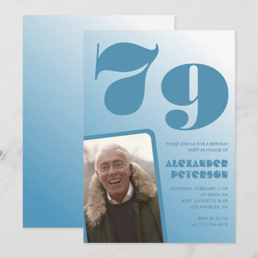 Blauwe gradiënt 79e verjaardag uitnodigingen Manne (Voorkant / Achterkant)