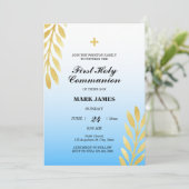 Blauwe gradiënt & goudbladeren Eerste Heilige Comm Kaart (Staand voorkant)