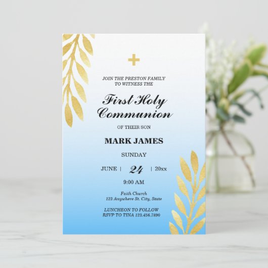 Blauwe gradiënt & goudbladeren Eerste Heilige Comm Kaart (Staand voorkant)