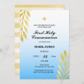 Blauwe gradiënt & goudbladeren Eerste Heilige Comm Kaart (Voorkant / Achterkant)