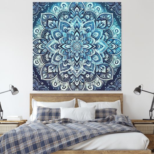 Blauwe Gradient Mandala Design Canvas Afdruk (Insitu (Slaapkamer))