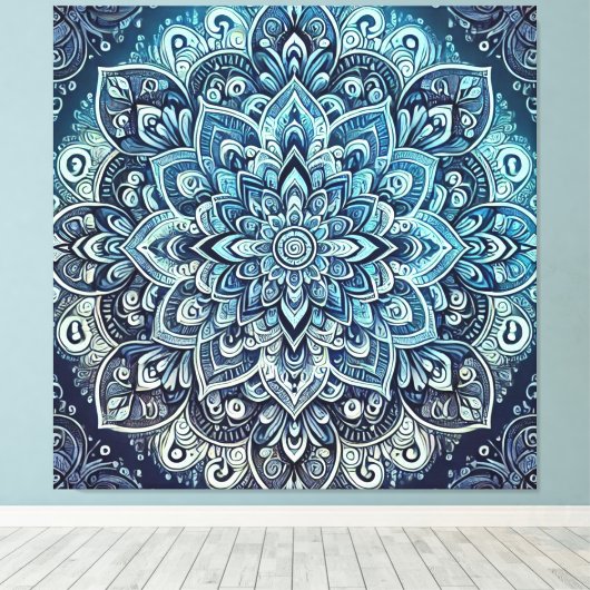 Blauwe Gradient Mandala Design Canvas Afdruk (Insitu (Houten vloer))