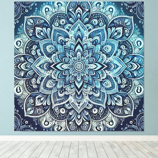 Blauwe Gradient Mandala Design Canvas Afdruk (Insitu (Houten vloer))