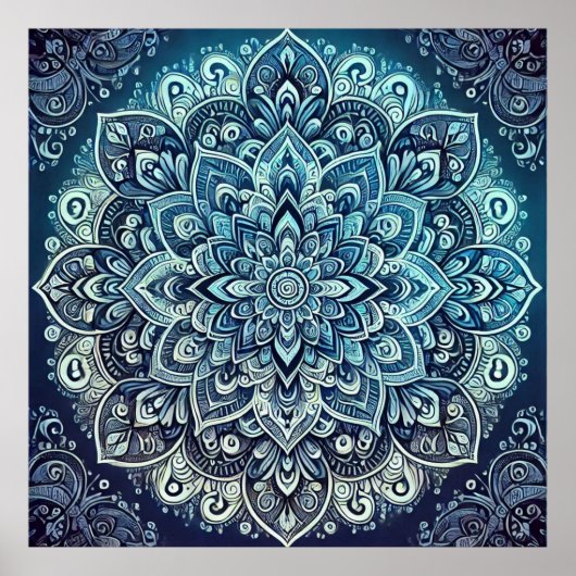 Blauwe Gradient Mandala Design Poster (Voorkant)