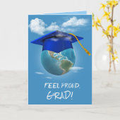 Blauwe Graduation Cap op Planet Earth Kaart (Gele Bloem)