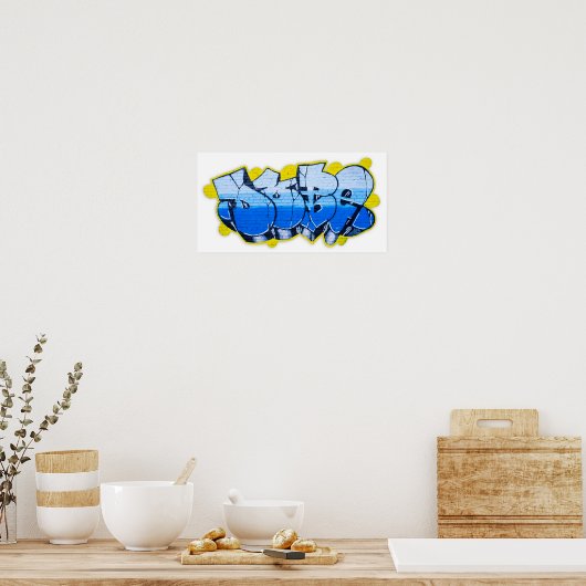 Blauwe graffiti op een muur poster (Keuken)