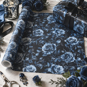 Blauwe Grafrozen Gotische Bloemen Cadeaupapier