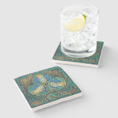Blauwe Granaatappel Rustieke Faux-Majolica Stenen Onderzetter (Zijkant)