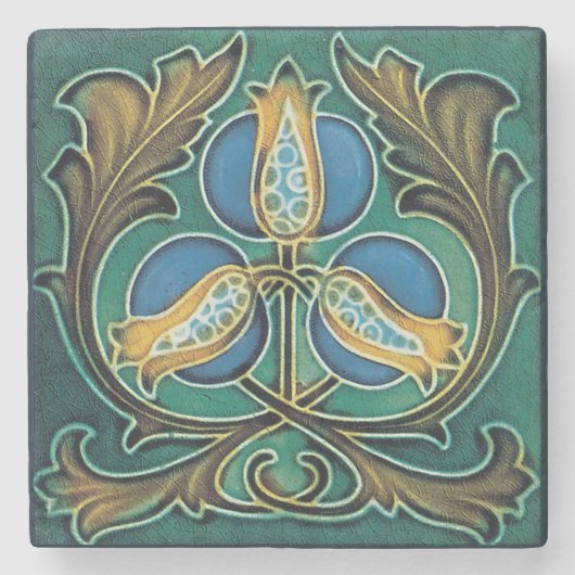 Blauwe Granaatappel Rustieke Faux-Majolica Stenen Onderzetter (Voorkant)