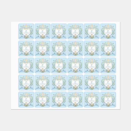 Blauwe Grandmillennial Puppy Monogram Ribbon Crest Labels (Vel)