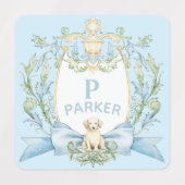 Blauwe Grandmillennial Puppy Monogram Ribbon Crest Labels (Design 2)