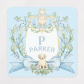 Blauwe Grandmillennial Puppy Monogram Ribbon Crest Labels (Design 1)