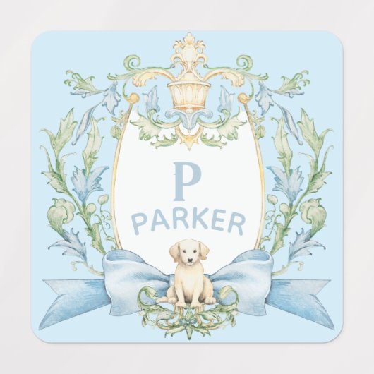 Blauwe Grandmillennial Puppy Monogram Ribbon Crest Labels (Design 1)