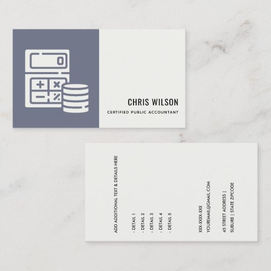 BLAUWE GRAY MODERN CALCULATOR COIN ACCOUNTING ICON VISITEKAARTJE (Voorkant / Achterkant)