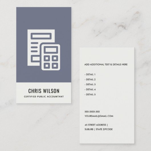 BLAUWE GRAY MODERN CALCULATOR ICON ACCOUNTING TAX VISITEKAARTJE (Voorkant / Achterkant)