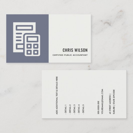 BLAUWE GRAY MODERN CALCULATOR ICON ACCOUNTING TAX VISITEKAARTJE (Voorkant / Achterkant)