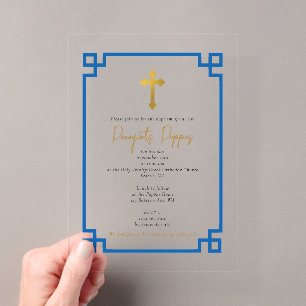 Blauwe Griekse orthodoxe doop jongen doopfeest Acryl Uitnodigingen