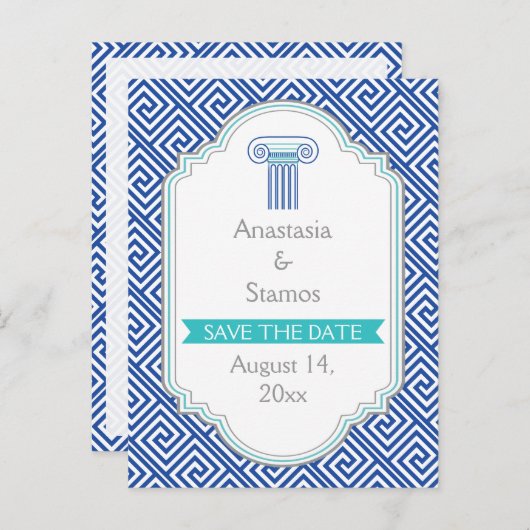 Blauwe Griekse sleutel en kolom bruiloft Save the Aankondigingskaart (Voorkant / Achterkant)